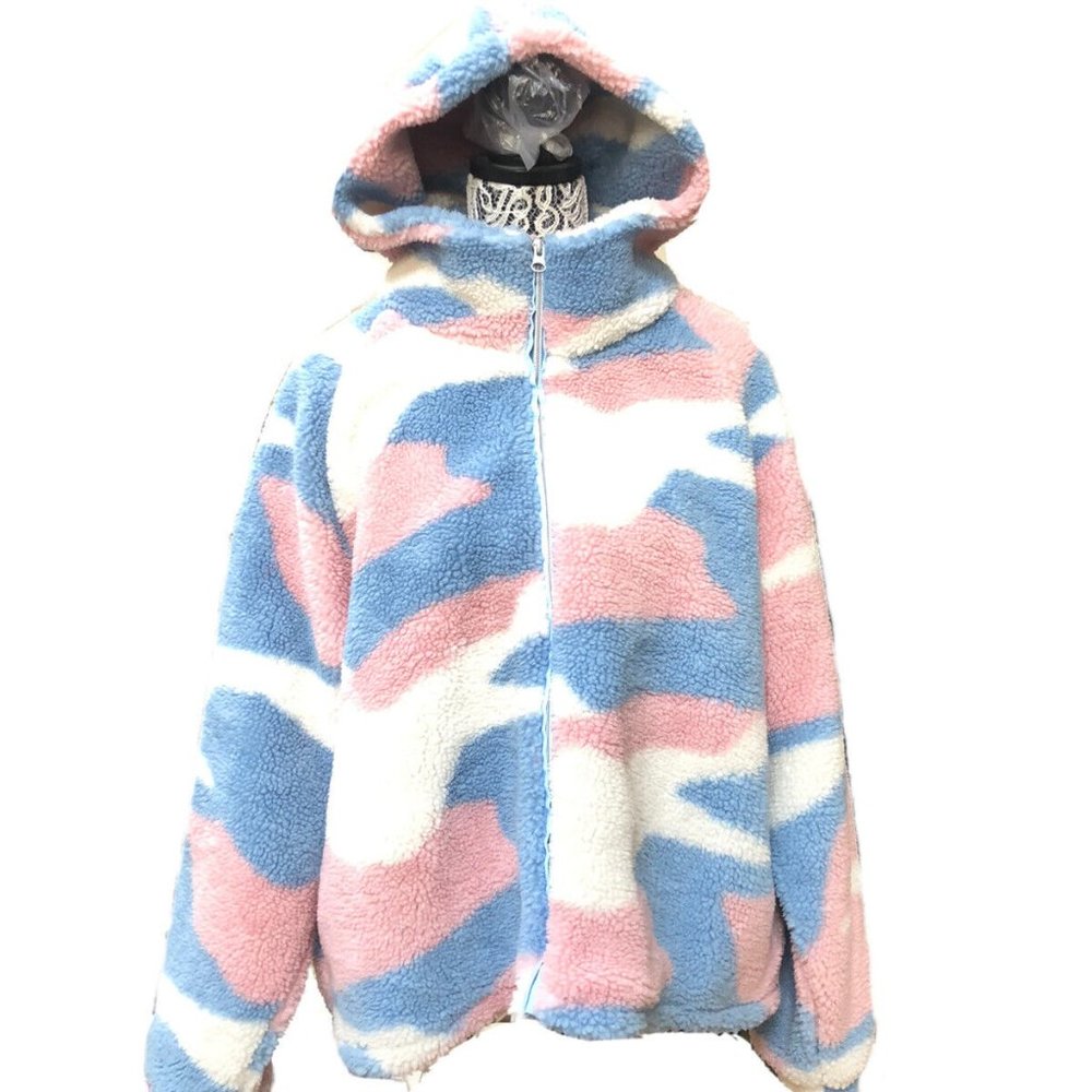 UGG ALL GENDER PRIDE STRIPES SHERPA FAUX FUR HOODIE OVERSIZED LOOSE JACKET COAT